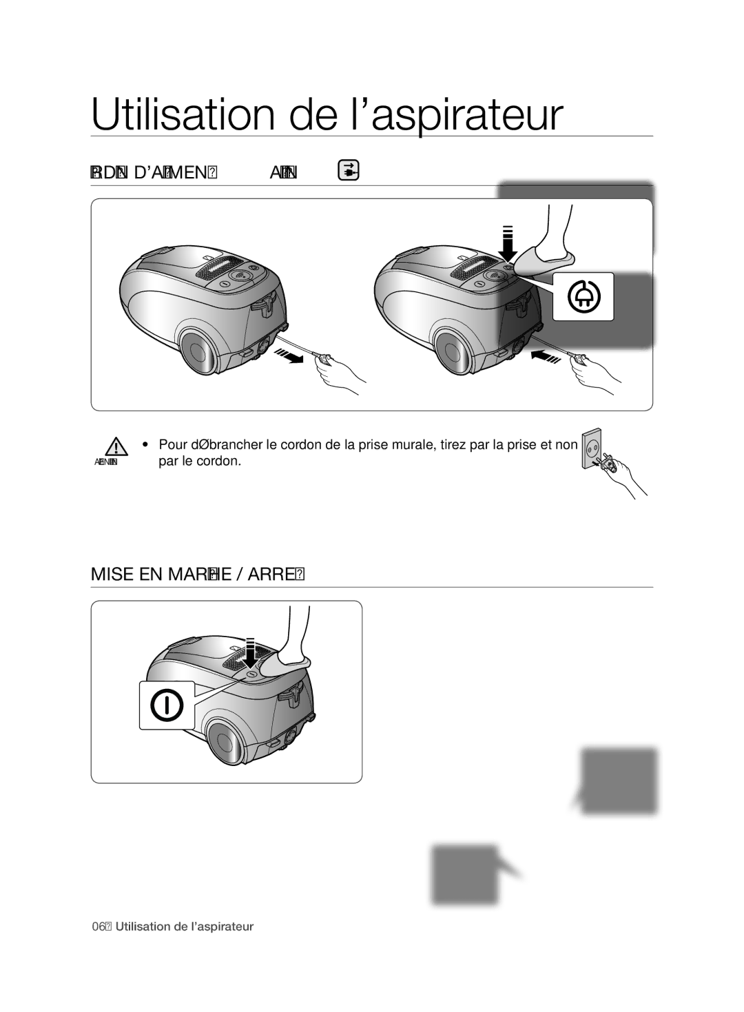 Samsung VCC7480V3R/XEH, VCC7480V3R/XEG manual Utilisation de l’aspirateur, CoRDoN D’AlIMENTATIoN, Mise EN Marche / Arret 