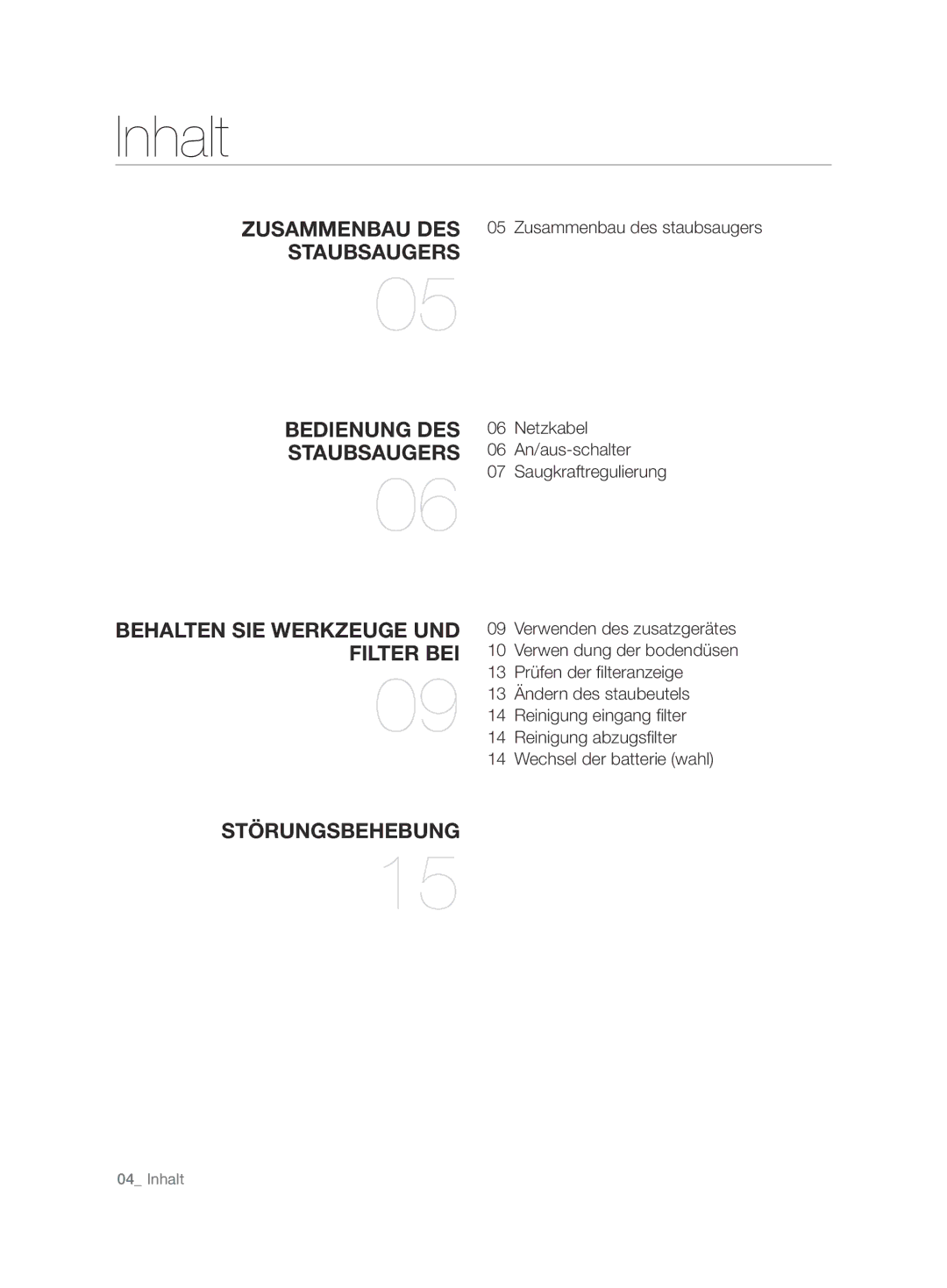 Samsung VCC7480V3R/XEH, VCC7480V3R/XEG manual Inhalt, Behalten sie werkzeuge und filter bei Störungsbehebung 