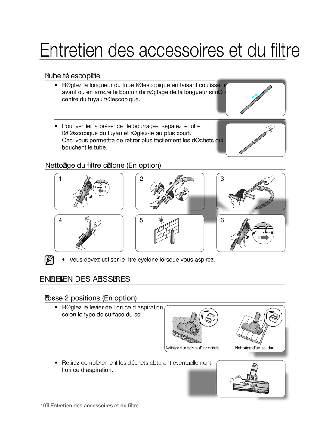 Samsung VCC7480V3R/XEH, VCC7480V3R/XEG Entretien DES ACCESSoIRES, Tube télescopique, Nettoyage du filtre cyclone En option 