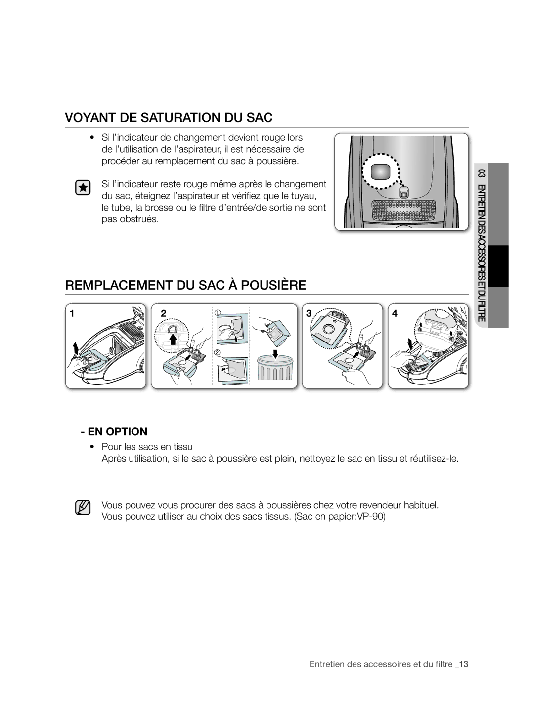 Samsung VCC7480V3R/XEG, VCC7480V3R/XEH manual Voyant de saturation du sac, REMPlACEMENT DU SAC à pousière, EN Option 