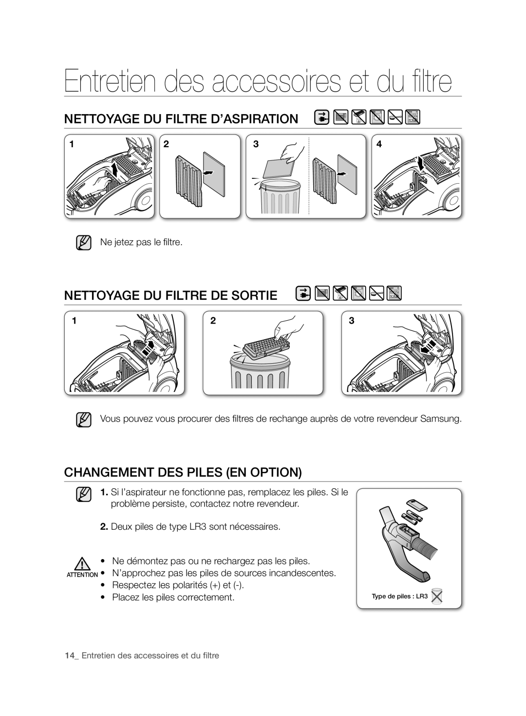 Samsung VCC7480V3R/XEH NETToyAgE DU FIlTRE D’ASPIRATIoN, NETToyAgE DU FIlTRE DE SoRTIE, Changement DES Piles EN OpTION 