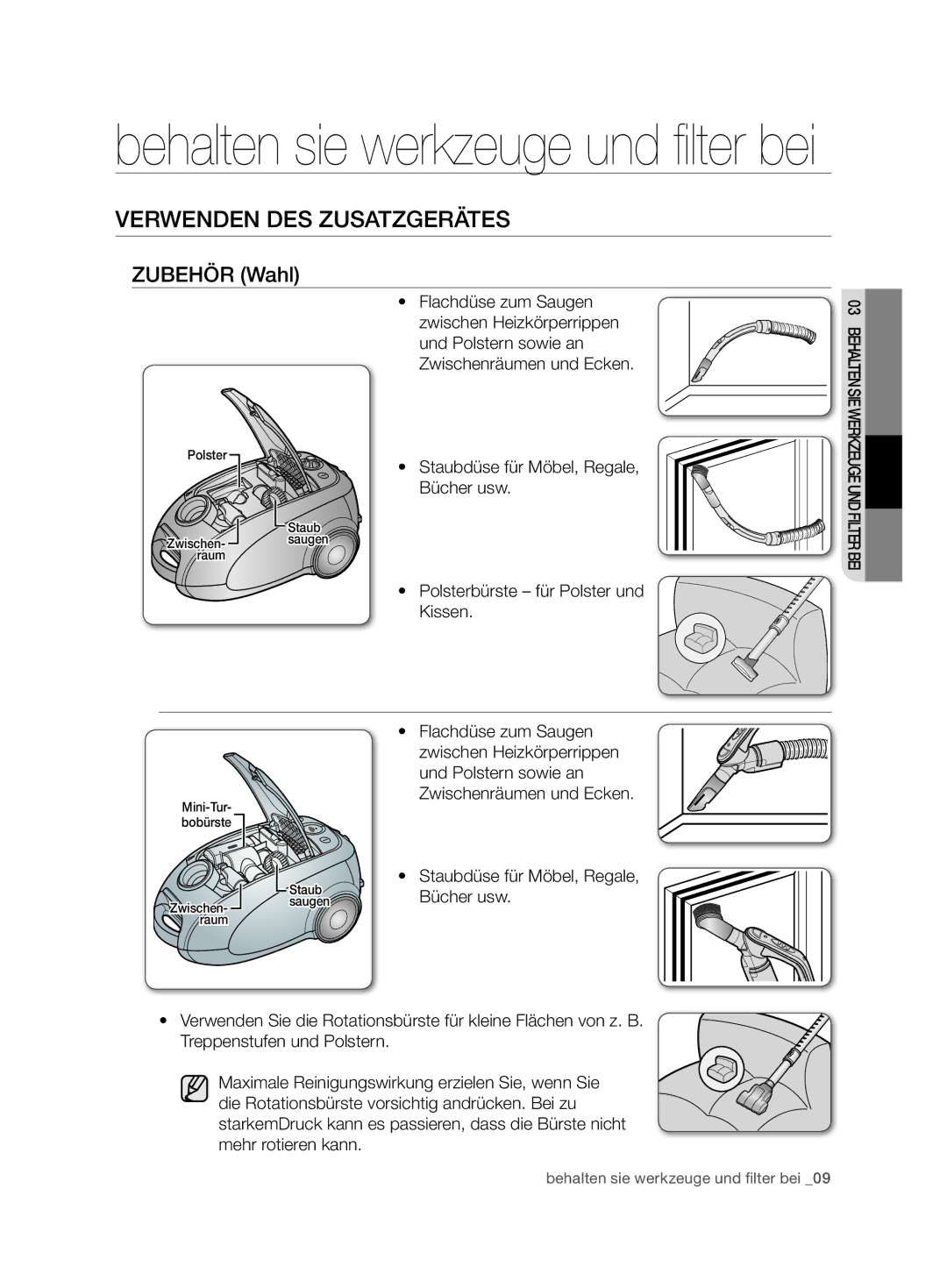 Samsung VCC7480V3R/XEG, VCC7480V3R/XEH manual Verwenden DES ZUSATZGERäTES, Zubehör Wahl 