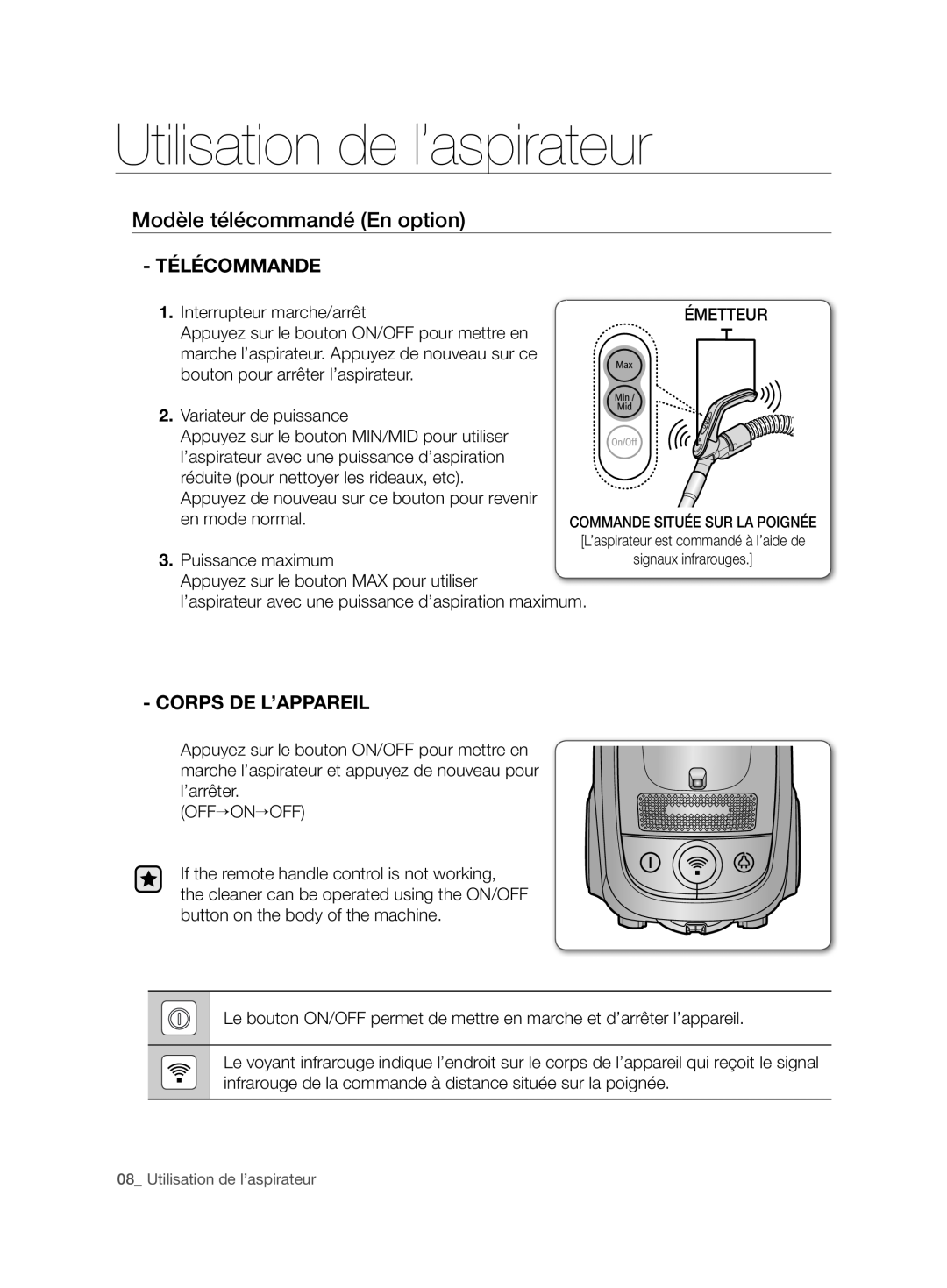 Samsung VCC7480V3R/XEH manual Modèle télécommandé En option, télécommande, Utilisation de l’aspirateur, Corps De L’Appareil 