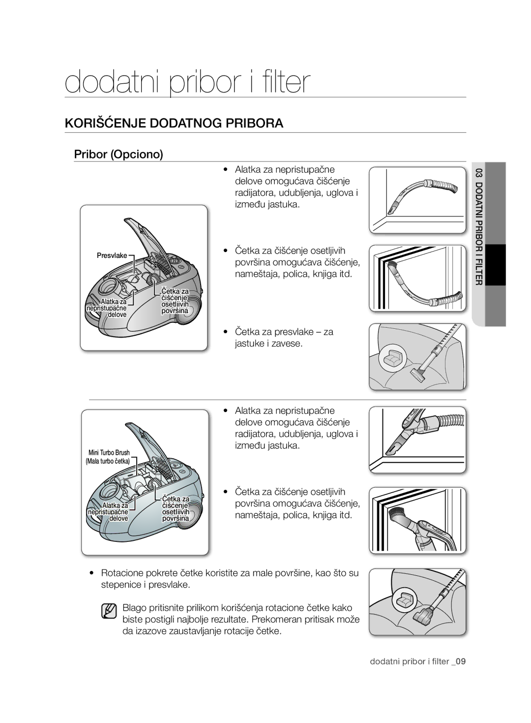 Samsung VCC7485V3R/BOL, VCC7485V3K/XEH, VCC7485V3K/BOL Dodatni pribor i filter, Korišćenje Dodatnog Pribora, Pribor Opciono 