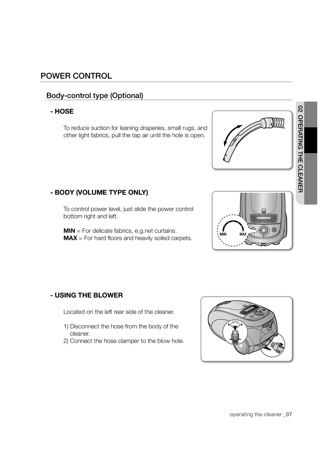 Samsung VCC7485V3K/XEH manual Power control, Body-control type Optional, Hose, BOdY VOlUme TYpe ONlY, UsING The blOWeR 