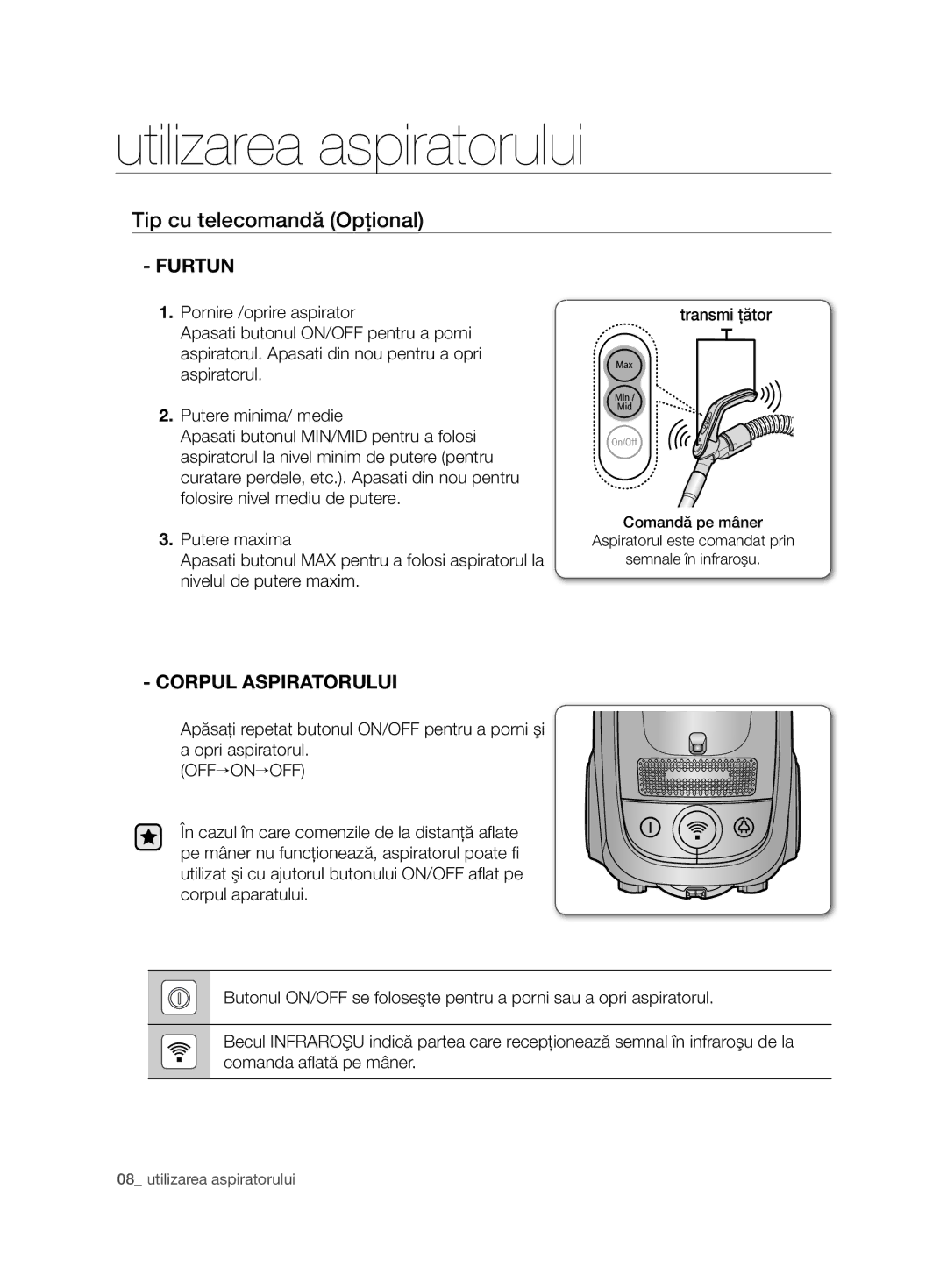 Samsung VCC7485V3R/BOL, VCC7485V3K/XEH, VCC7485V3K/BOL manual Tip cu telecomandă Opţional, Corpul Aspiratorului 