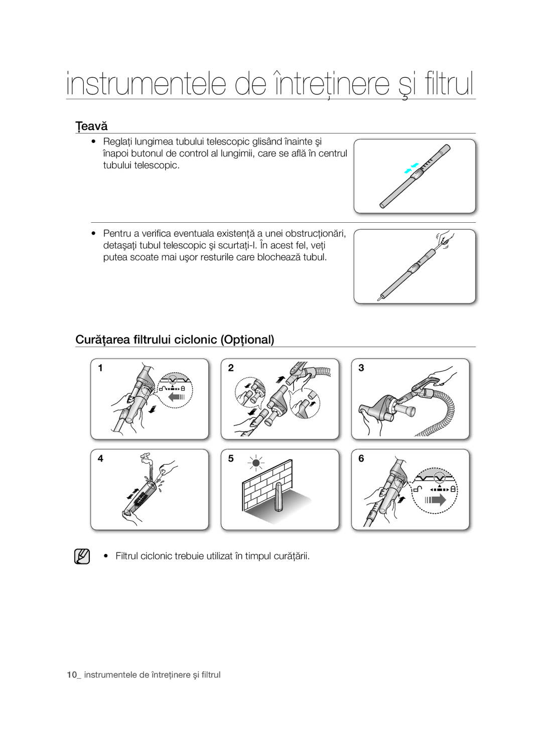 Samsung VCC7485V3K/BOL, VCC7485V3R/BOL, VCC7485V3K/XEH manual Ţeavă, Curăţarea filtrului ciclonic Opţional 