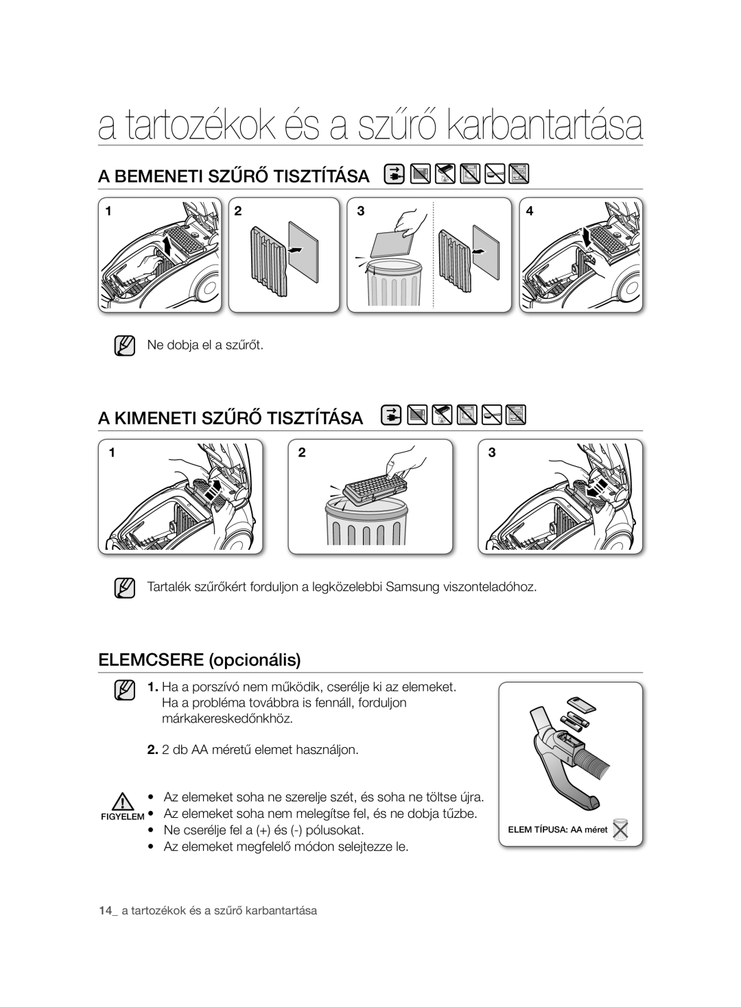 Samsung VCC7485V3K/BOL, VCC7485V3R/BOL, VCC7485V3K/XEH manual Bemeneti Szűrő Tisztítása, Kimeneti Szűrő Tisztítása 