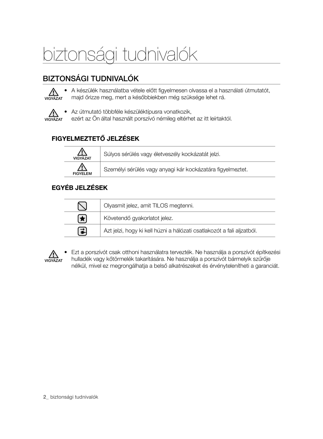 Samsung VCC7485V3K/BOL manual Biztonsági tudnivalók, Biztonsági Tudnivalók, Figyelmeztető Jelzések, Egyéb Jelzések 