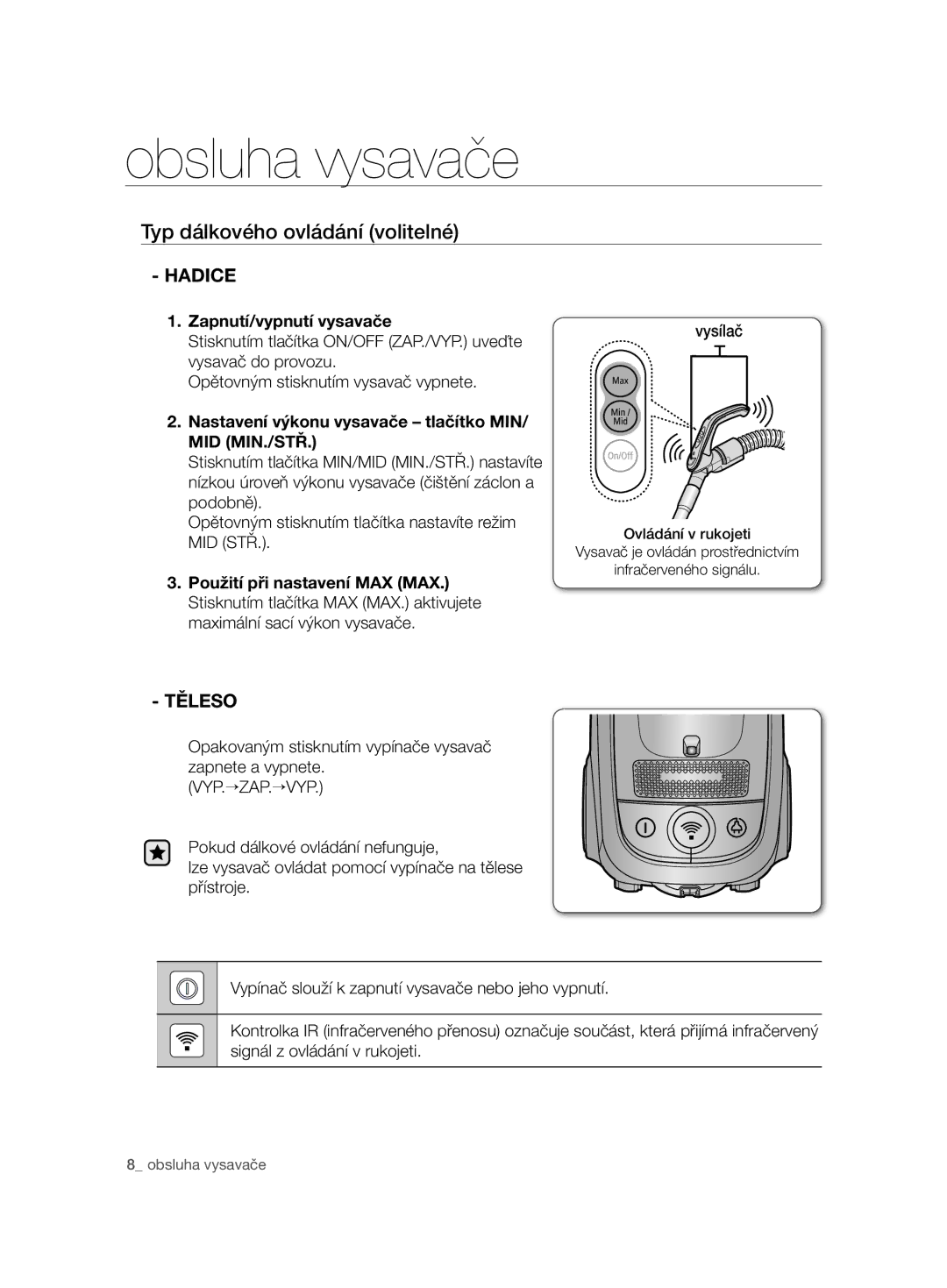 Samsung VCC7485V3K/BOL, VCC7485V3R/BOL, VCC7485V3K/XEH manual Typ dálkového ovládání volitelné, Těleso, Vyp.→Zap.→Vyp 