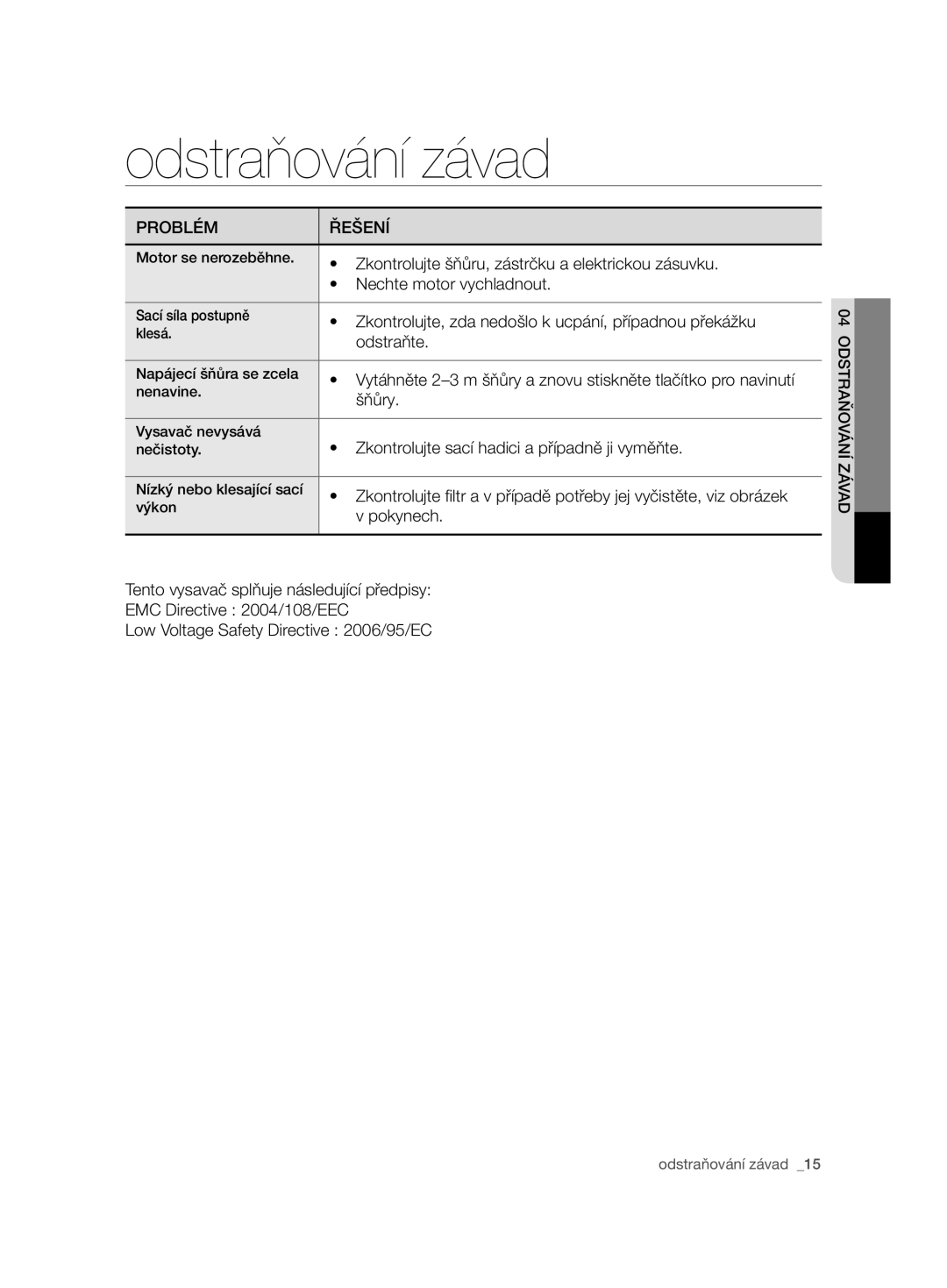 Samsung VCC7485V3R/BOL, VCC7485V3K/XEH, VCC7485V3K/BOL manual Odstraňování závad, Problém Řešení 