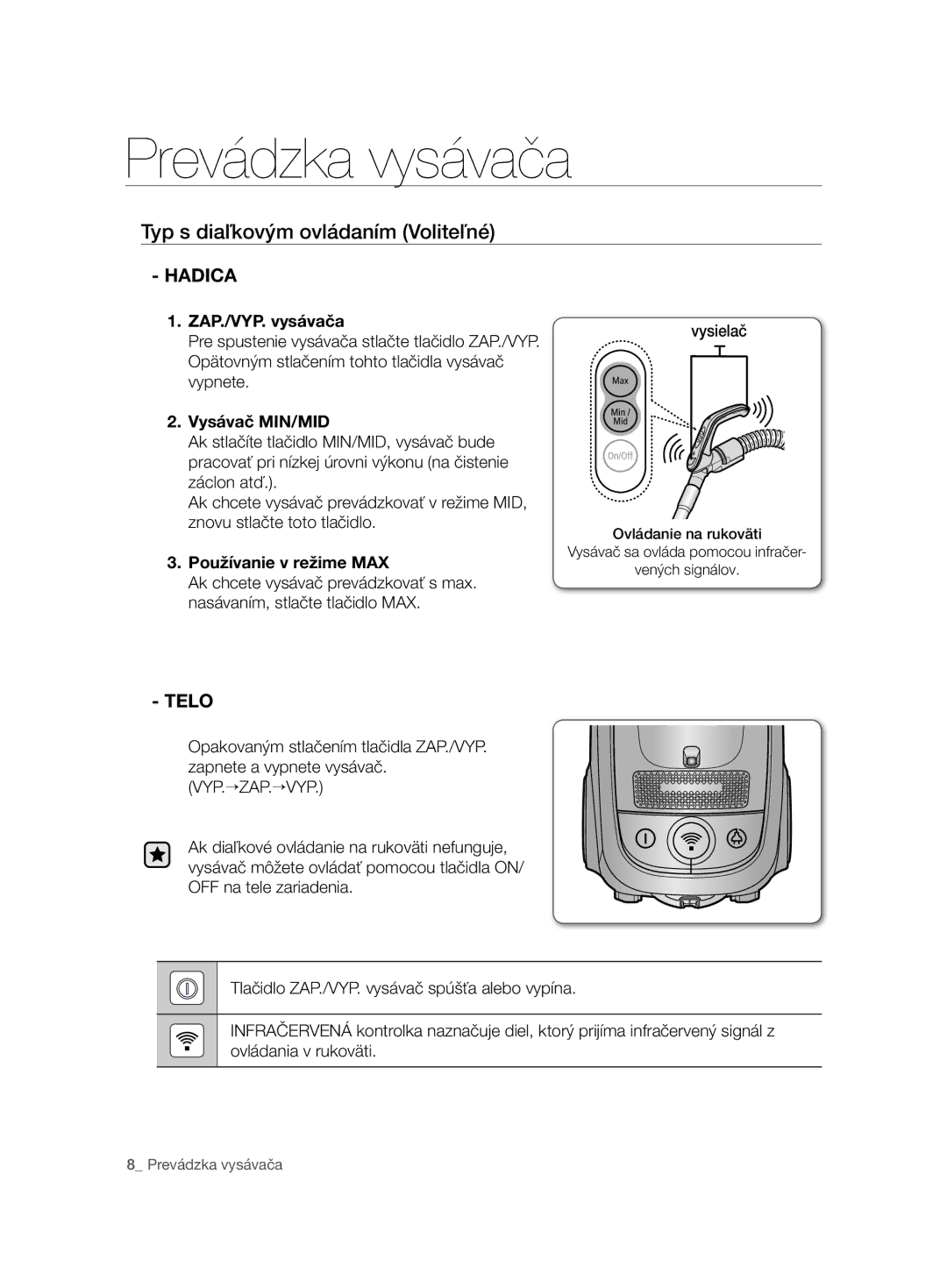 Samsung VCC7485V3R/BOL, VCC7485V3K/XEH, VCC7485V3K/BOL manual Typ s diaľkovým ovládaním Voliteľné, Telo 