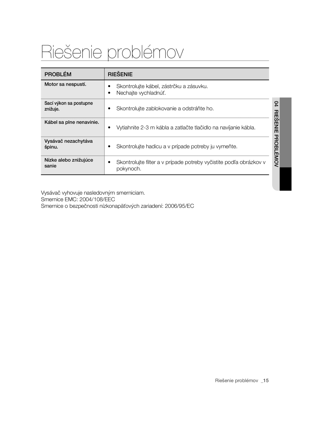 Samsung VCC7485V3K/XEH, VCC7485V3R/BOL, VCC7485V3K/BOL manual Riešenie problémov, Problém Riešenie 