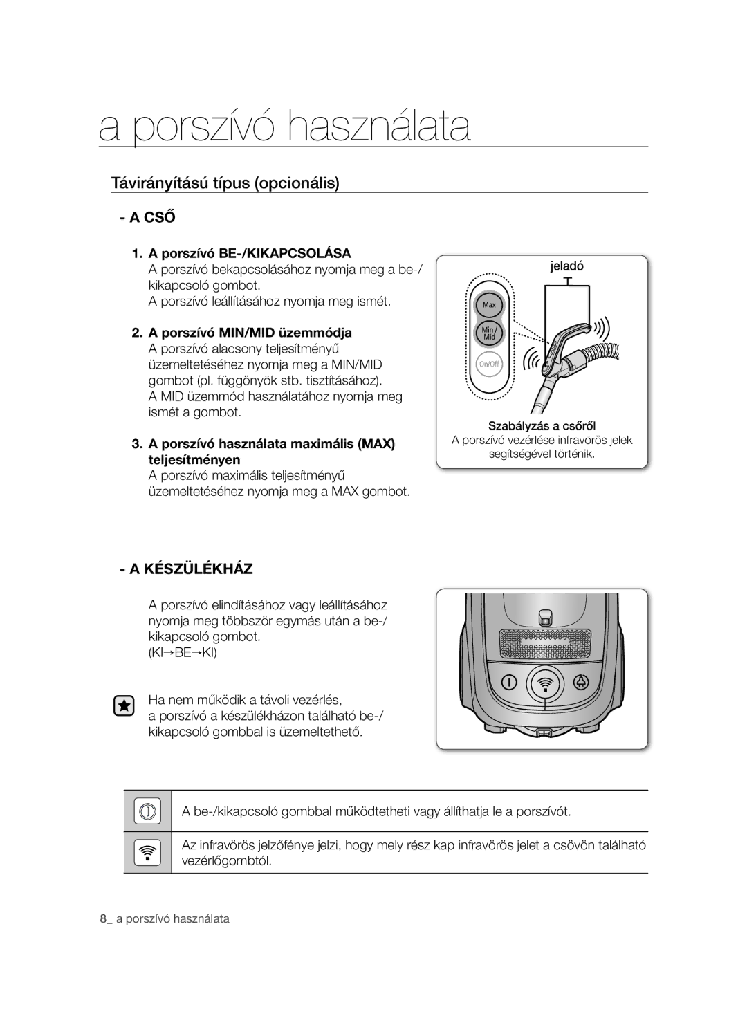 Samsung VCC7485V3K/BOL, VCC7485V3R/BOL, VCC7485V3K/XEH manual Távirányítású típus opcionális, Készülékház, Ki→Be→Ki 