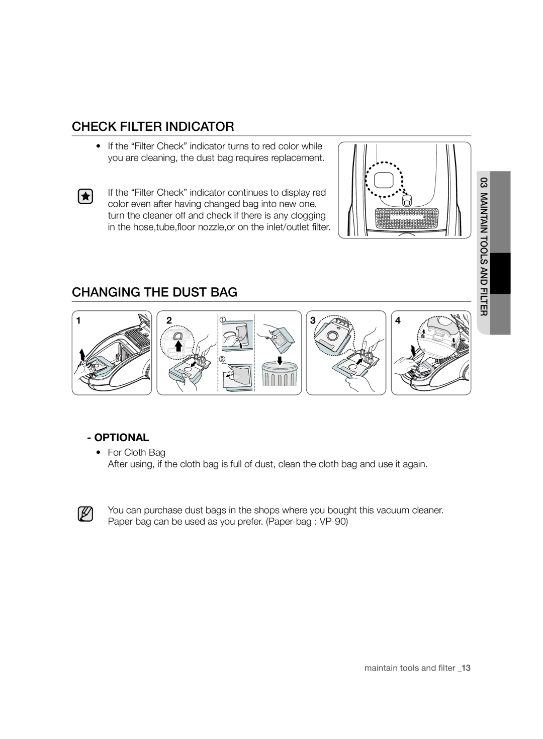 Samsung VCC7480V3R/XEE, VCC7490H3K/XEE manual Check Filter Indicator, Changing the Dust BAG, Optional 