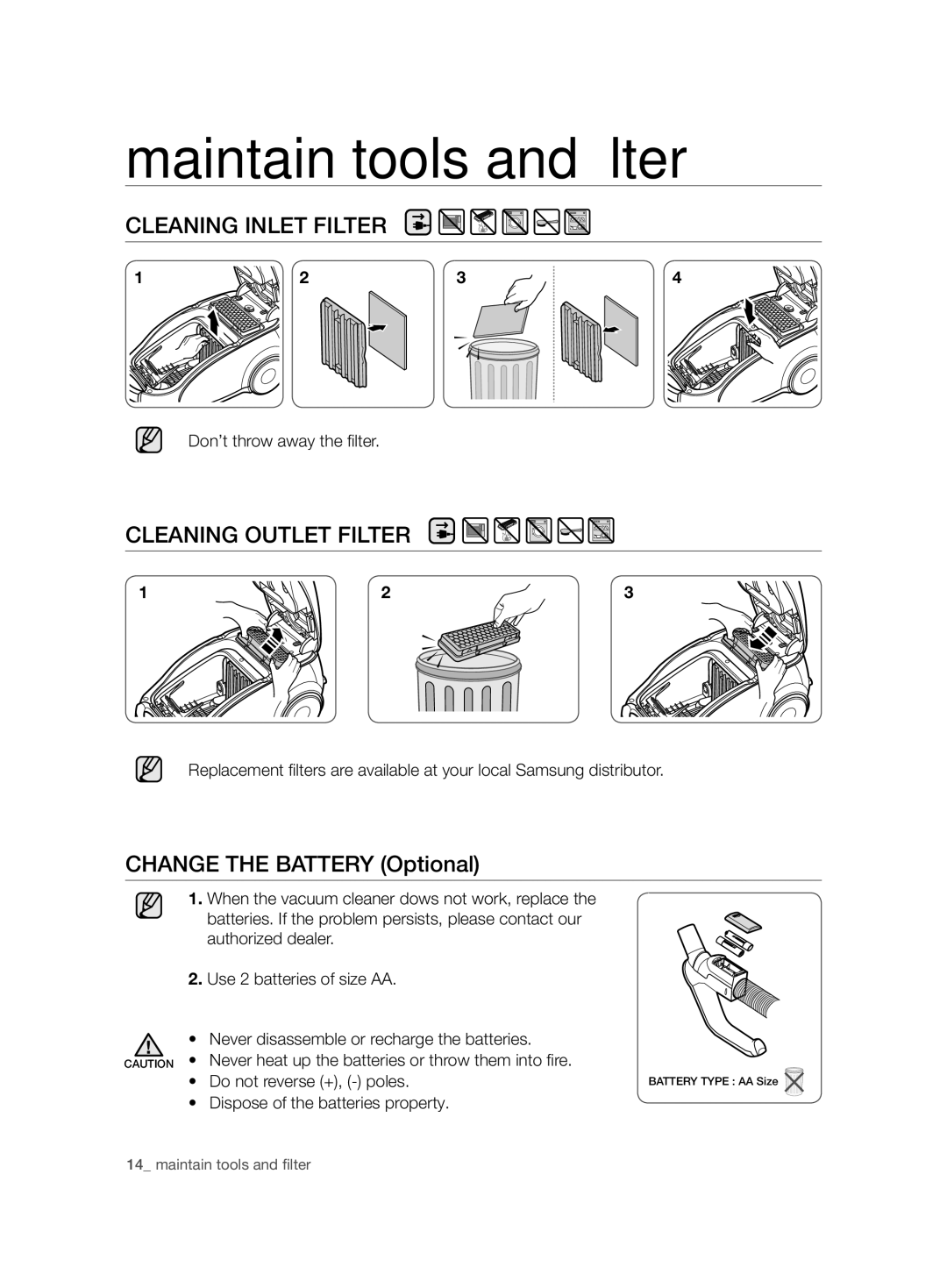 Samsung VCC7490H3K/XEE, VCC7480V3R/XEE manual Cleaning Inlet Filter, Cleaning Outlet Filter, Don’t throw away the ﬁ lter 