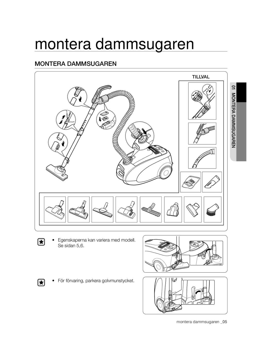 Samsung VCC7480V3R/XEE, VCC7490H3K/XEE manual Montera dammsugaren, Montera Dammsugaren, Tillval 