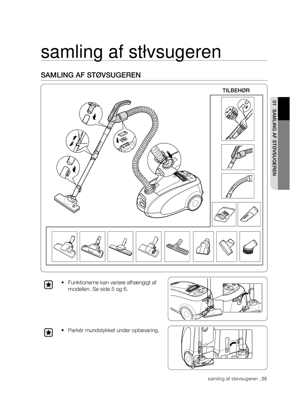 Samsung VCC7480V3R/XEE, VCC7490H3K/XEE manual Samling af støvsugeren, Samling AF Støvsugeren, Tilbehør 