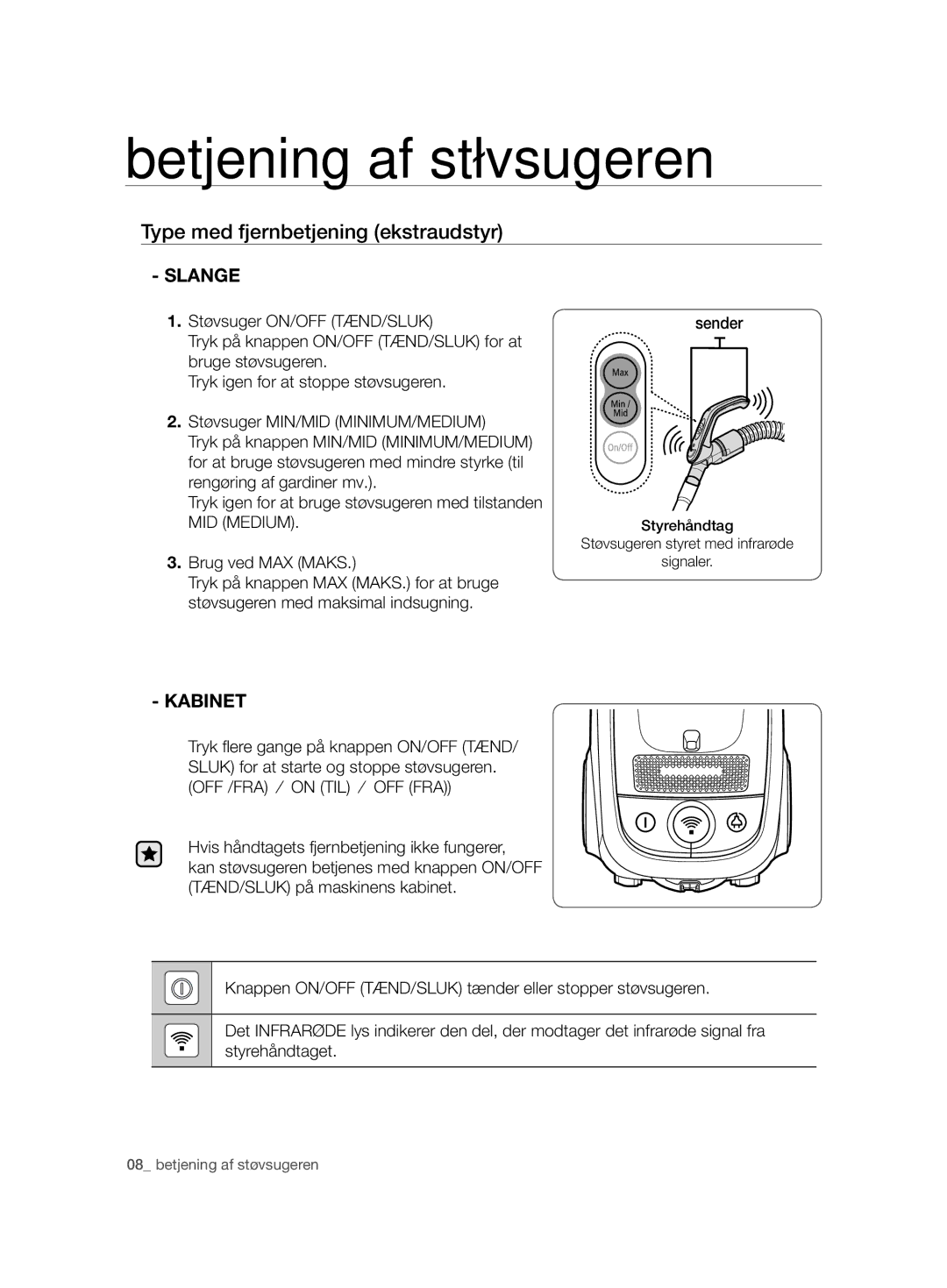 Samsung VCC7490H3K/XEE manual Type med fjernbetjening ekstraudstyr, Kabinet, Hvis håndtagets fjernbetjening ikke fungerer 