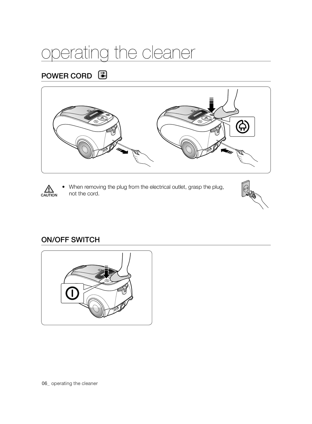 Samsung VCC7490H3K/XEE, VCC7480V3R/XEE manual Operating the cleaner, Power Cord, ON/OFF Switch 