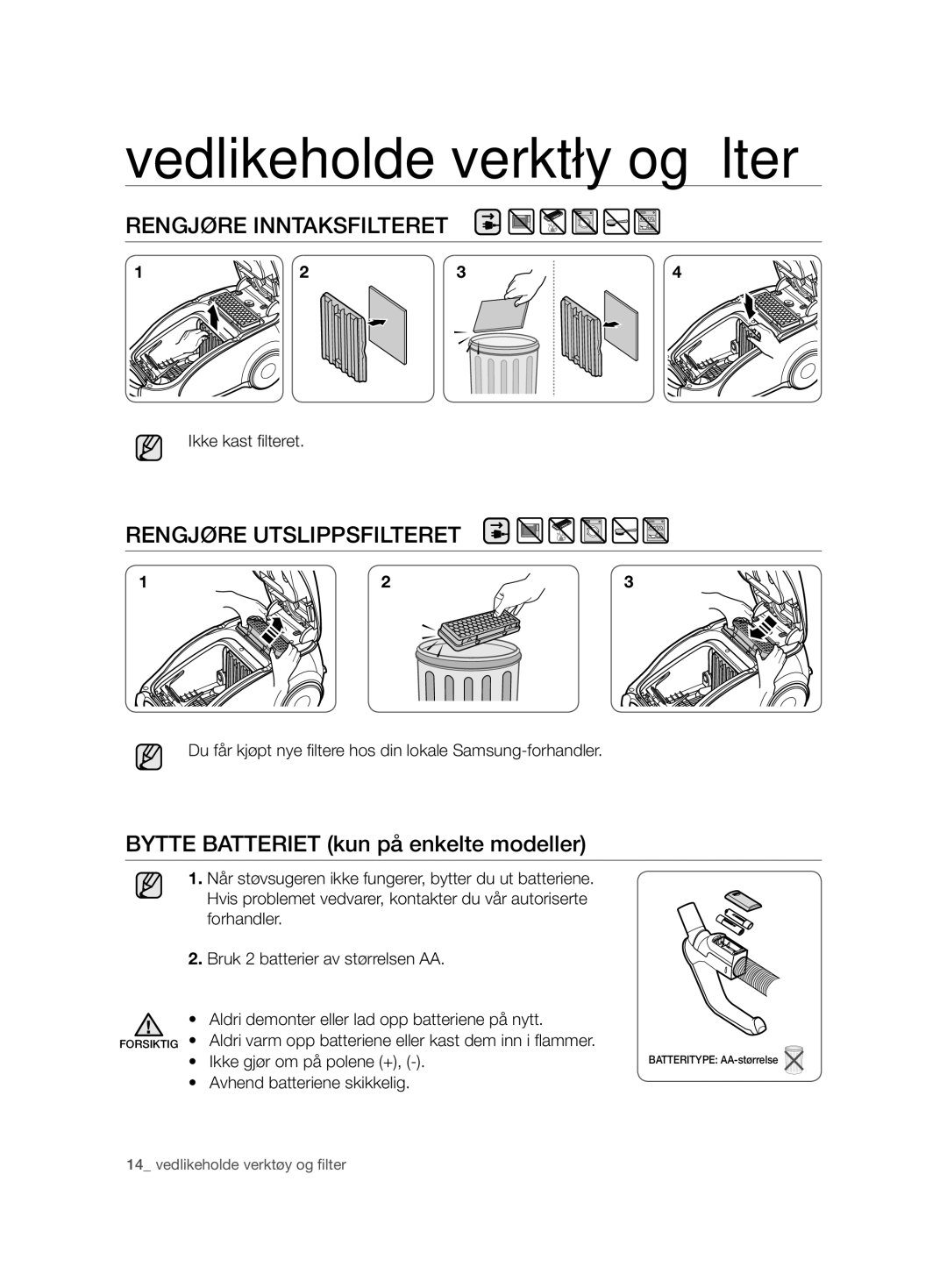 Samsung VCC7490H3K/XEE, VCC7480V3R/XEE manual Rengjøre Inntaksfilteret, Rengjøre Utslippsfilteret, Ikke kast ﬁ lteret 