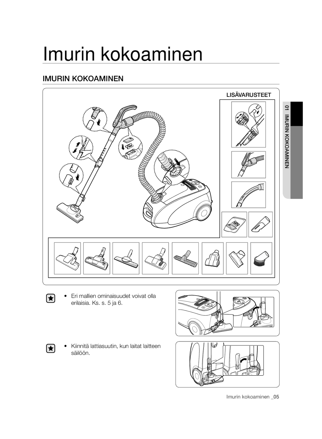 Samsung VCC7480V3R/XEE, VCC7490H3K/XEE manual Imurin kokoaminen, Imurin Kokoaminen, Lisävarusteet 