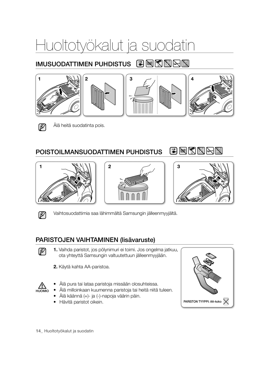 Samsung VCC7490H3K/XEE manual Imusuodattimen Puhdistus, Poistoilmansuodattimen Puhdistus, Älä heitä suodatinta pois 