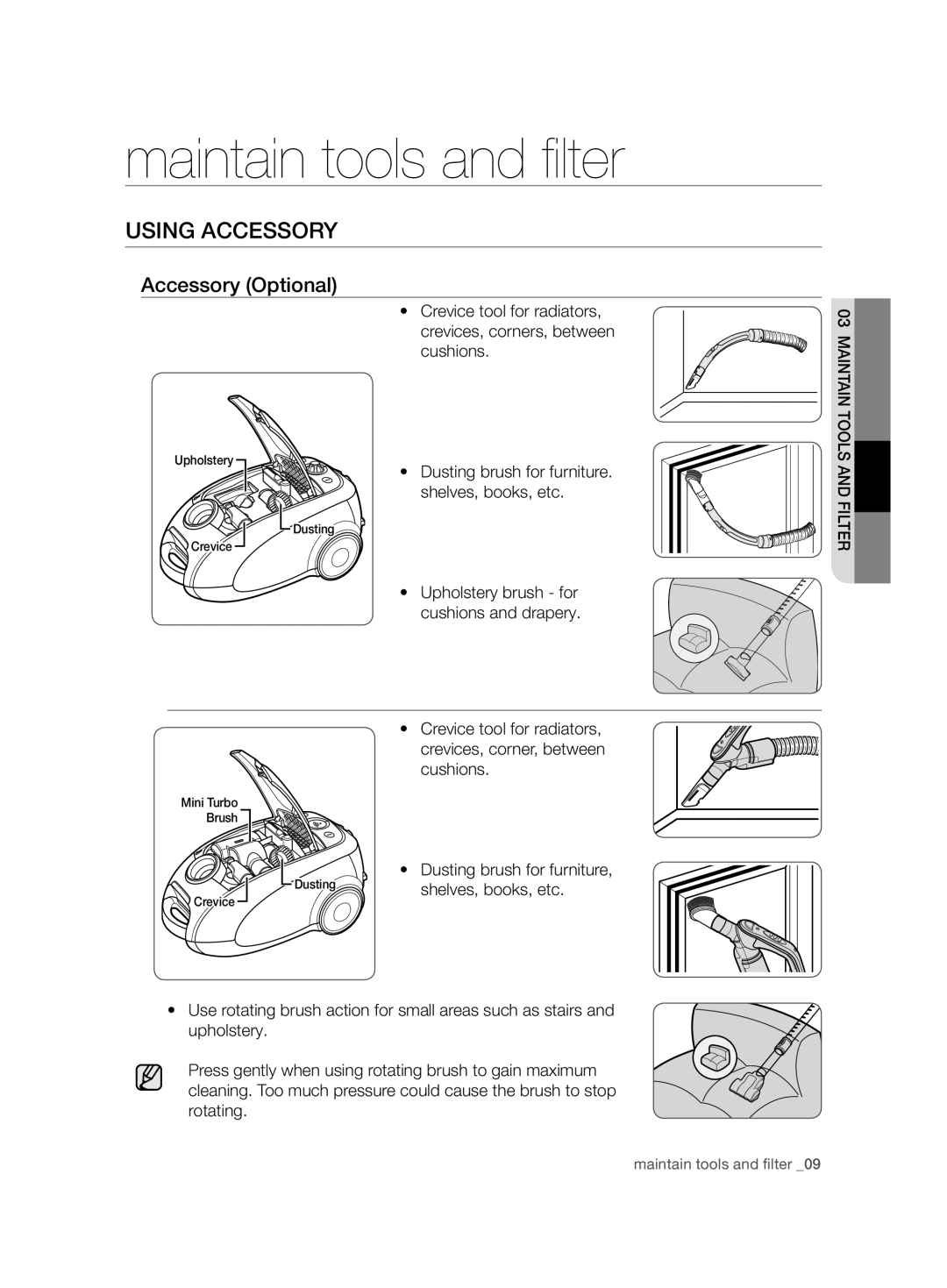 Samsung VCC7480V3R/XEE, VCC7490H3K/XEE Maintain tools and ﬁ lter, Using Accessory, Accessory Optional, Shelves, books, etc 