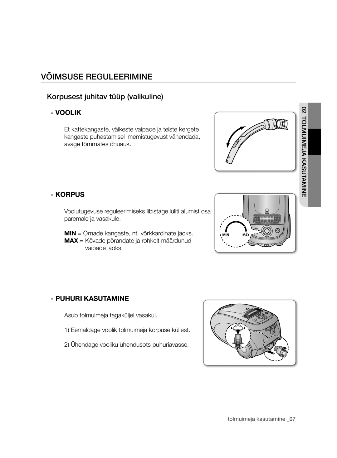 Samsung VCC7495H3K/XSB manual VõIMSuSE rEgulEErIMINE, Korpusest juhitav tüüp valikuline, VoolIk, KorpuS, Puhuri Kasutamine 