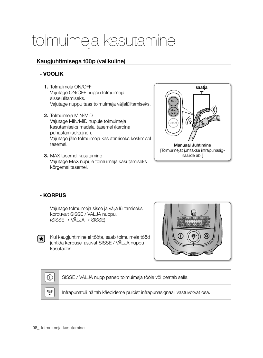 Samsung VCC7495H3K/XSB manual Kaugjuhtimisega tüüp valikuline, Korpus 