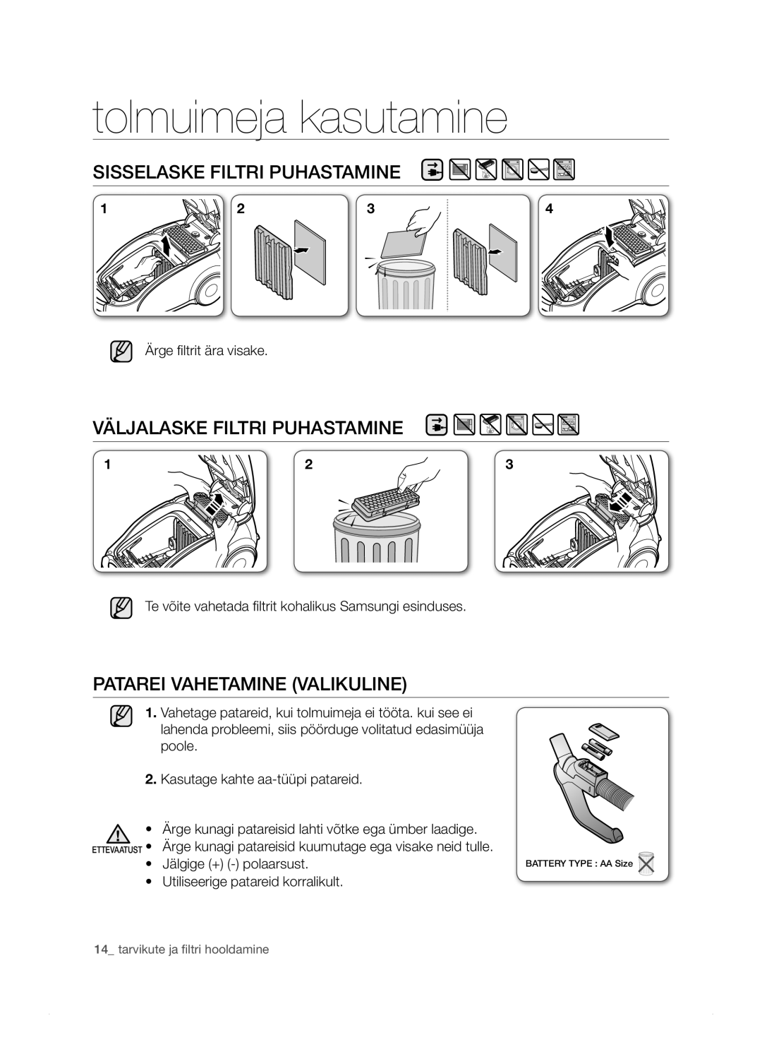 Samsung VCC7495H3K/XSB manual SISSElASKE fIltrI puhAStAMINE, VÄljAlASKE fIltrI puhAStAMINE, PAtArEI vAhEtAMINE valikuline 