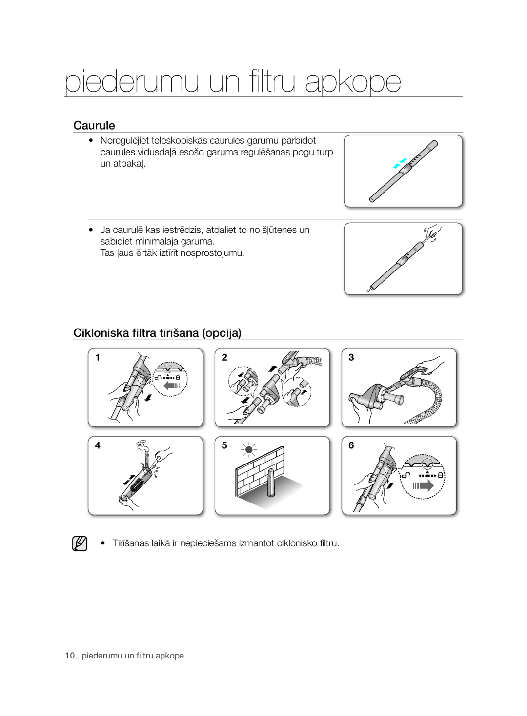 Samsung VCC7495H3K/XSB manual Caurule, Cikloniskā filtra tīrīšana opcija 