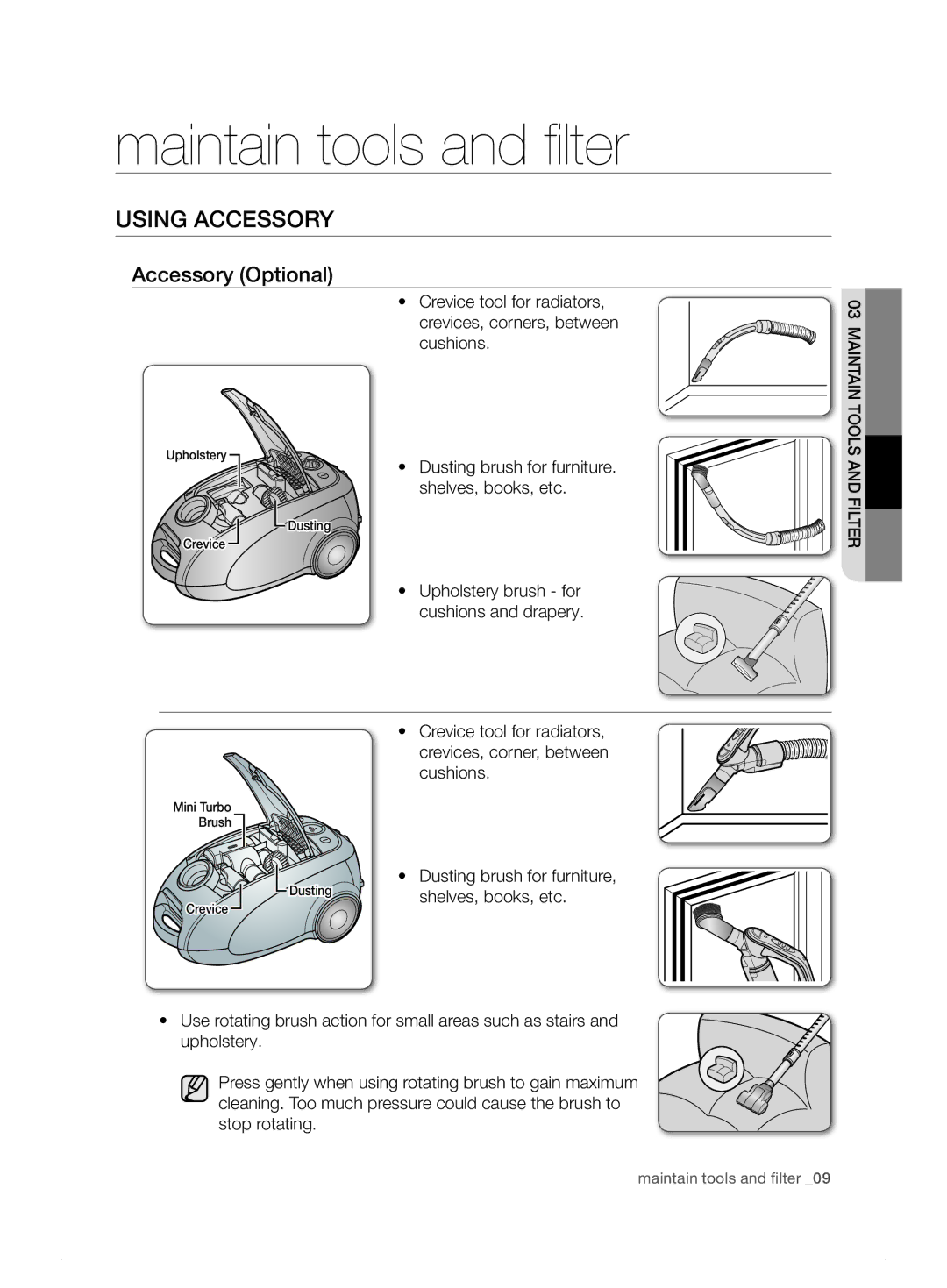 Samsung VCC7495H3K/XSB manual Maintain tools and filter, Using accessory, Accessory Optional 