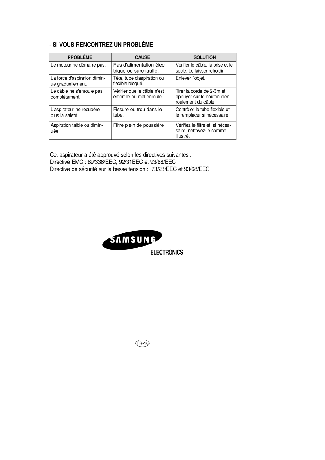 Samsung VCC7850V3N/XEH, VCC7840V3R/XEG, VCC7850V3B/XEP, VCC7840V3R/XEF, VCC7840V3R/GEN manual SI Vous Rencontrez UN Problème 