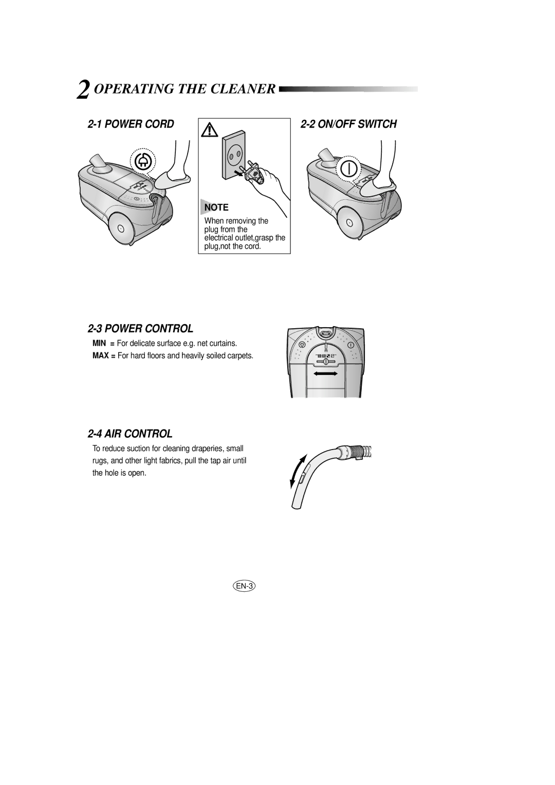 Samsung VCC7850V3B/XEF, VCC7840V3R/XEG manual Operating the Cleaner, Power Cord, ON/OFF Switch Power Control, AIR Control 