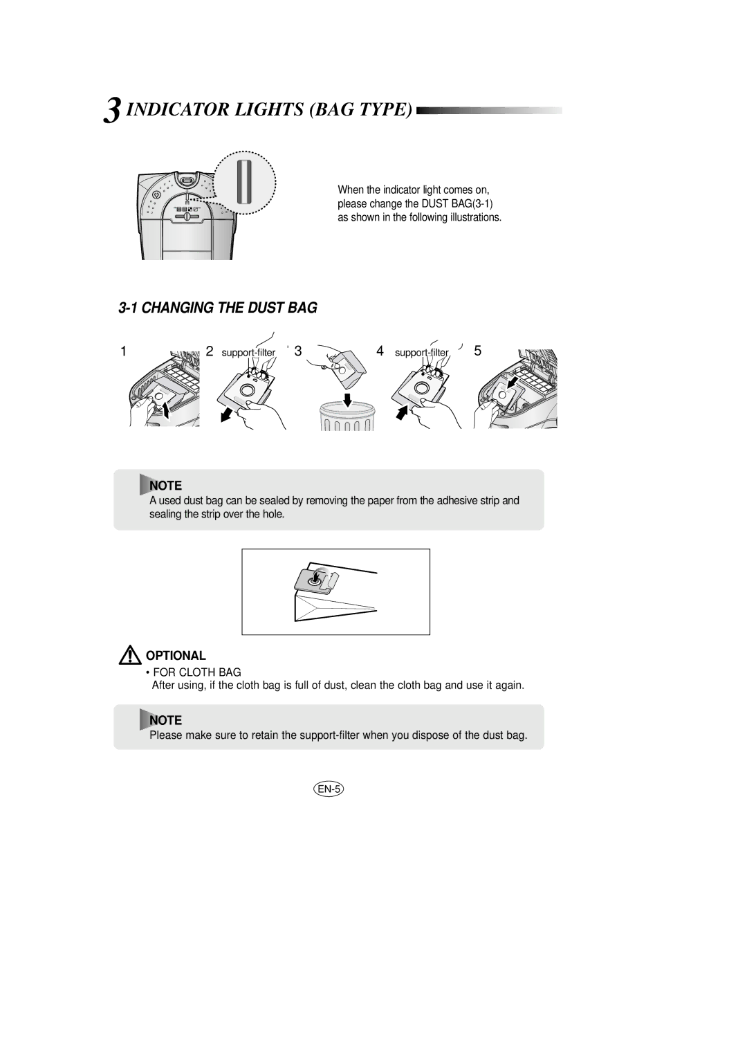 Samsung VCC7850V3B/XEN, VCC7840V3R/XEG, VCC7850V3B/XEP manual Indicator Lights BAG Type, Changing the Dust BAG, For Cloth BAG 