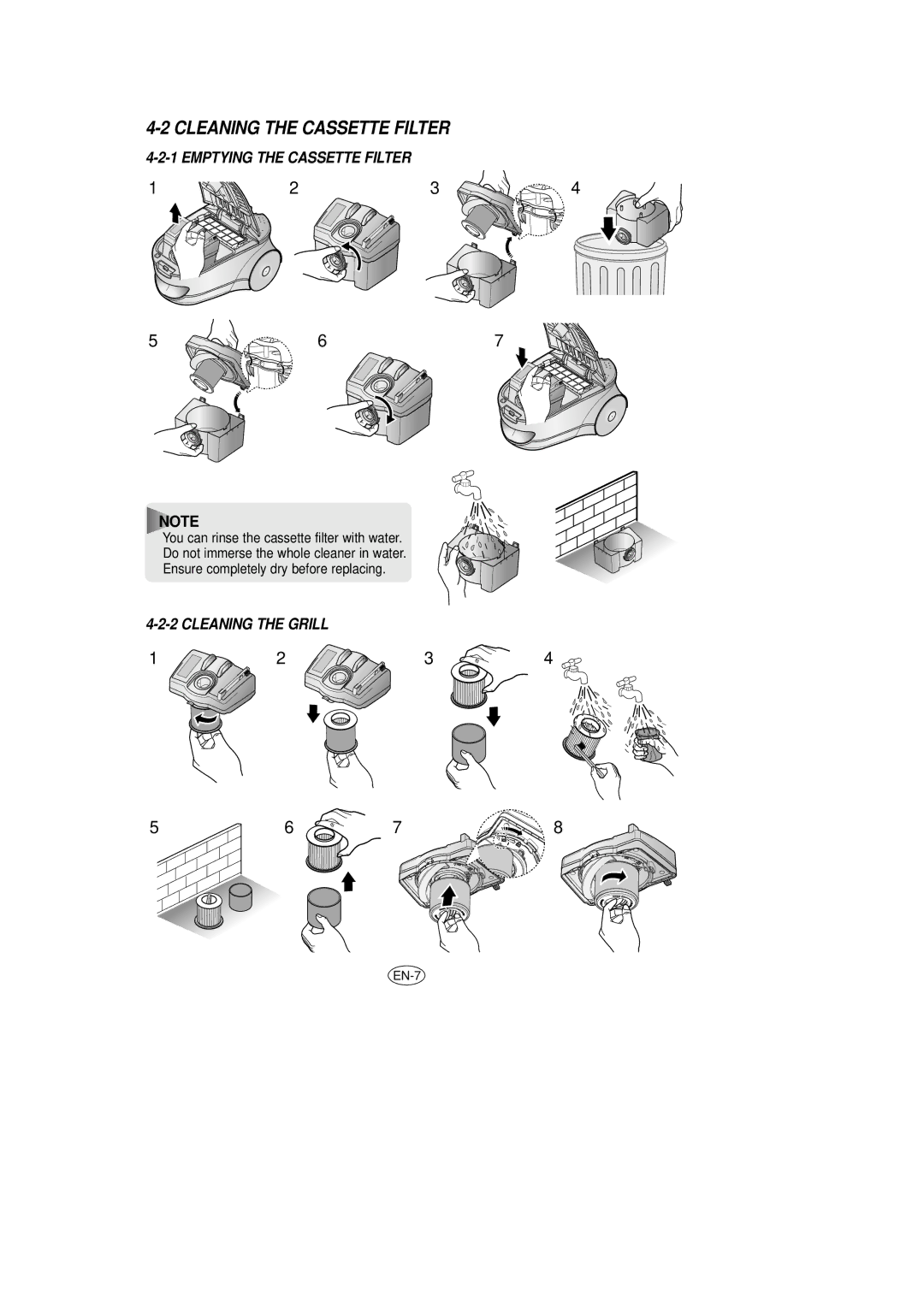 Samsung VCC7845V3B/XEC, VCC7840V3R/XEG, VCC7850V3B/XEP manual Cleaning the Cassette Filter, Emptying the Cassette Filter 