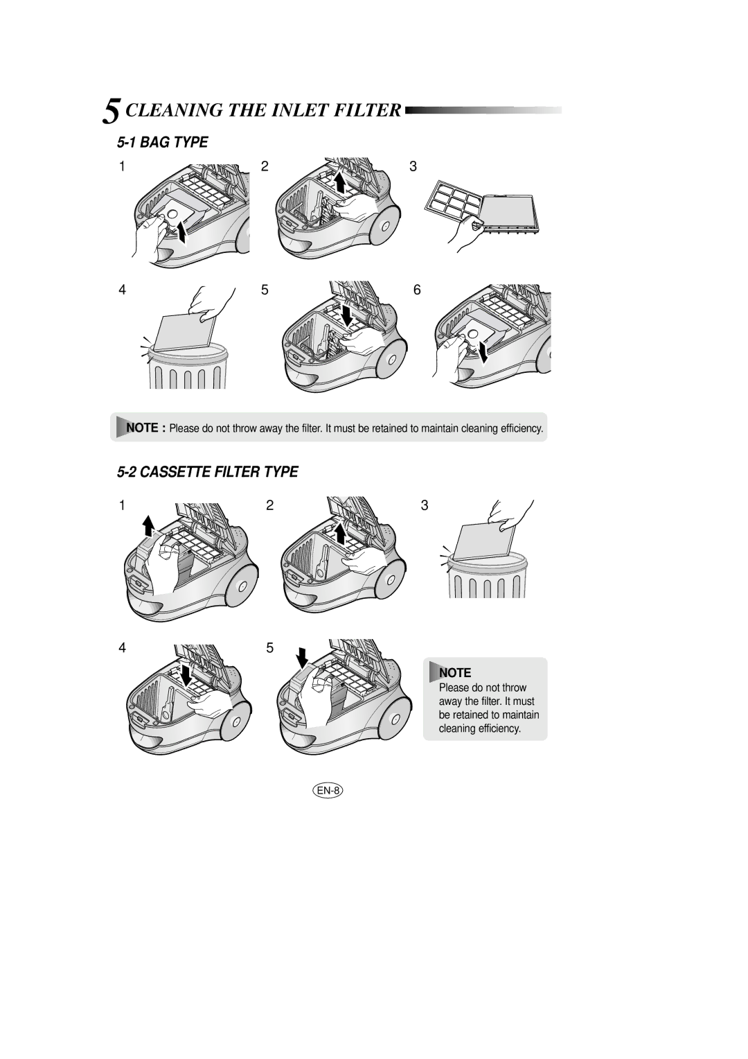 Samsung VCC7840V3B/XEC, VCC7840V3R/XEG, VCC7850V3B/XEP manual Cleaning the Inlet Filter, BAG Type Cassette Filter Type 