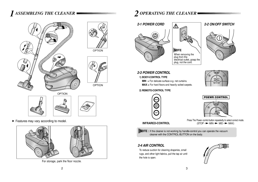 Samsung VCC7870V4N/XEU Assembling the Cleaner Operating the Cleaner, Power Cord, Power Control, ON/OFF Switch, AIR Control 