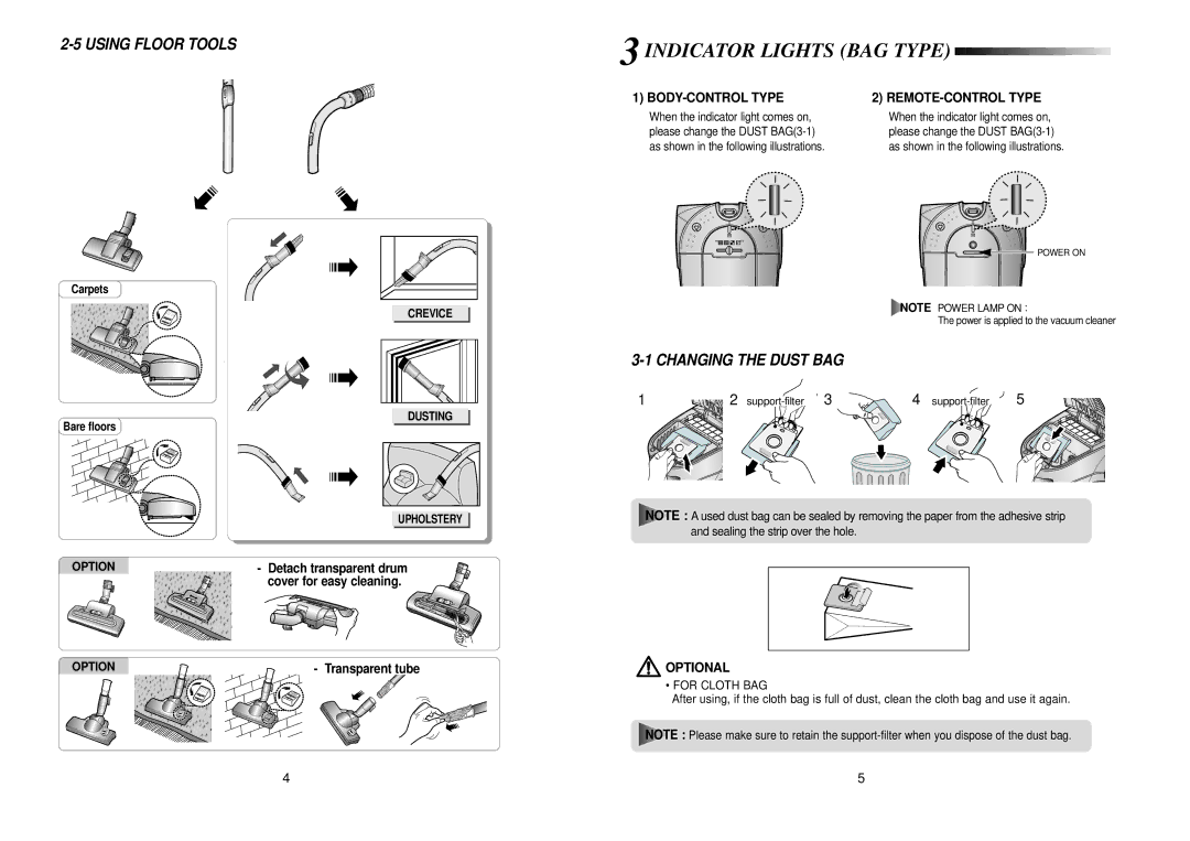 Samsung VCC7840V3R/XEF, VCC7840V3R/XEG, VCC7870V3B/XEG Indicator Lights BAG Type, Using Floor Tools, Changing the Dust BAG 