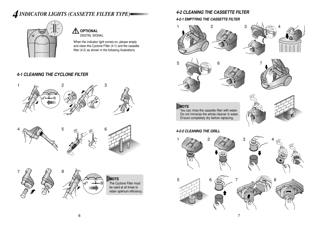 Samsung VCC7830V3N/BOL, VCC7840V3R/XEG, VCC7870V3B/XEG manual Cleaning the Cyclone Filter, Cleaning the Cassette Filter 