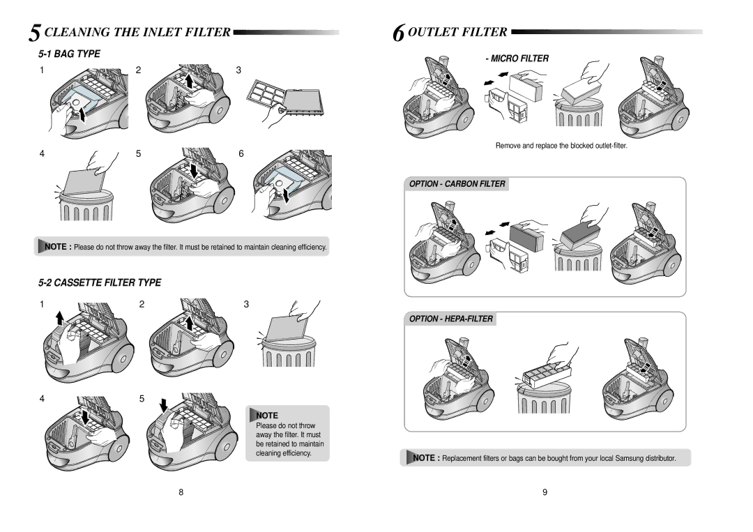 Samsung VCC7840V3R/GEN, VCC7840V3R/XEG manual Cleaning the Inlet Filter, Outlet Filter, BAG Type Cassette Filter Type 