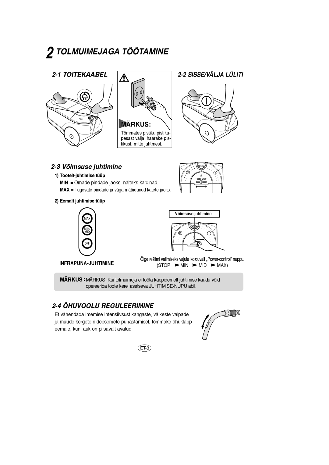 Samsung VCC7870V3B/SBW, VCC7840V3R/XEG Tolmuimejaga Töötamine, Toitekaabel, SISSE/VÄLJA Lüliti, Õhuvoolu Reguleerimine 