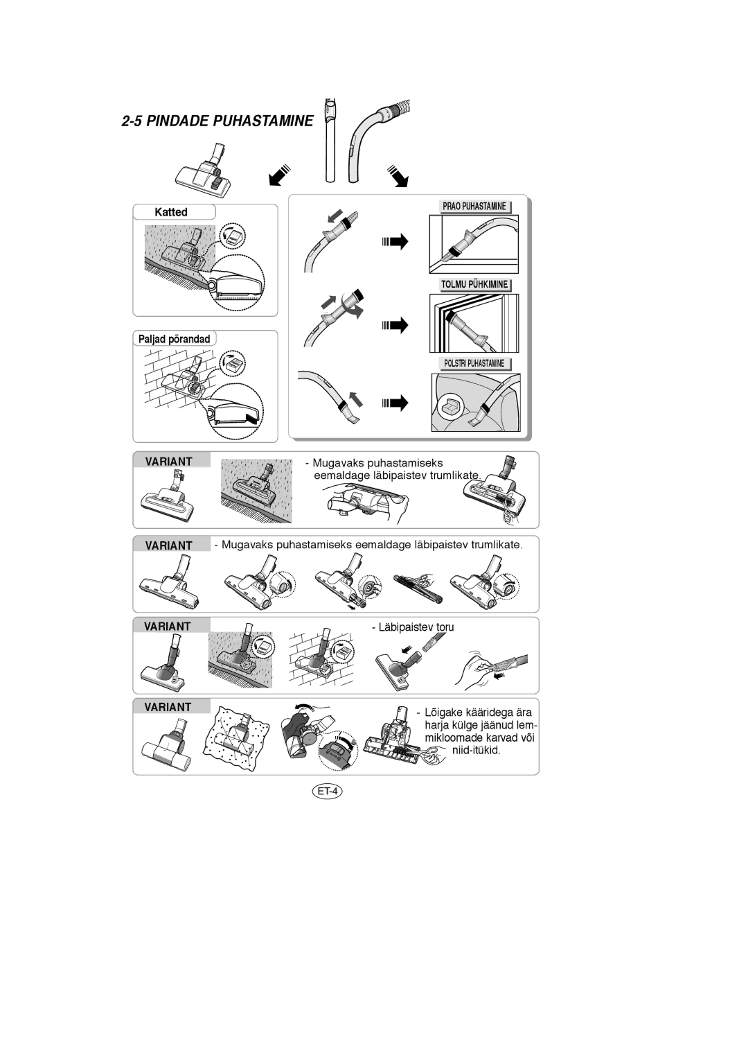 Samsung VCC7830V3R/SBW, VCC7840V3R/XEG, VCC7870V3B/XEG, VCC7850V3B/XEP manual Pindade Puhastamine, Katted, Paljad põrandad 