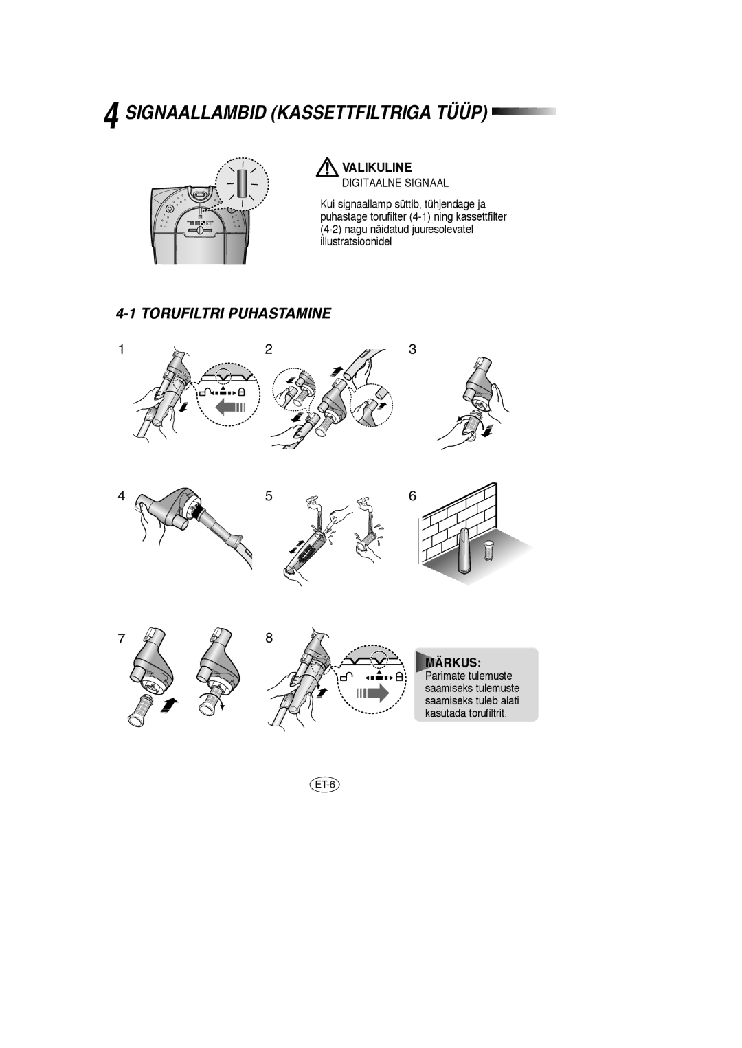 Samsung VCC7830V3R/XEV, VCC7840V3R/XEG manual Signaallambid Kassettfiltriga Tüüp, Torufiltri Puhastamine, Digitaalne Signaal 