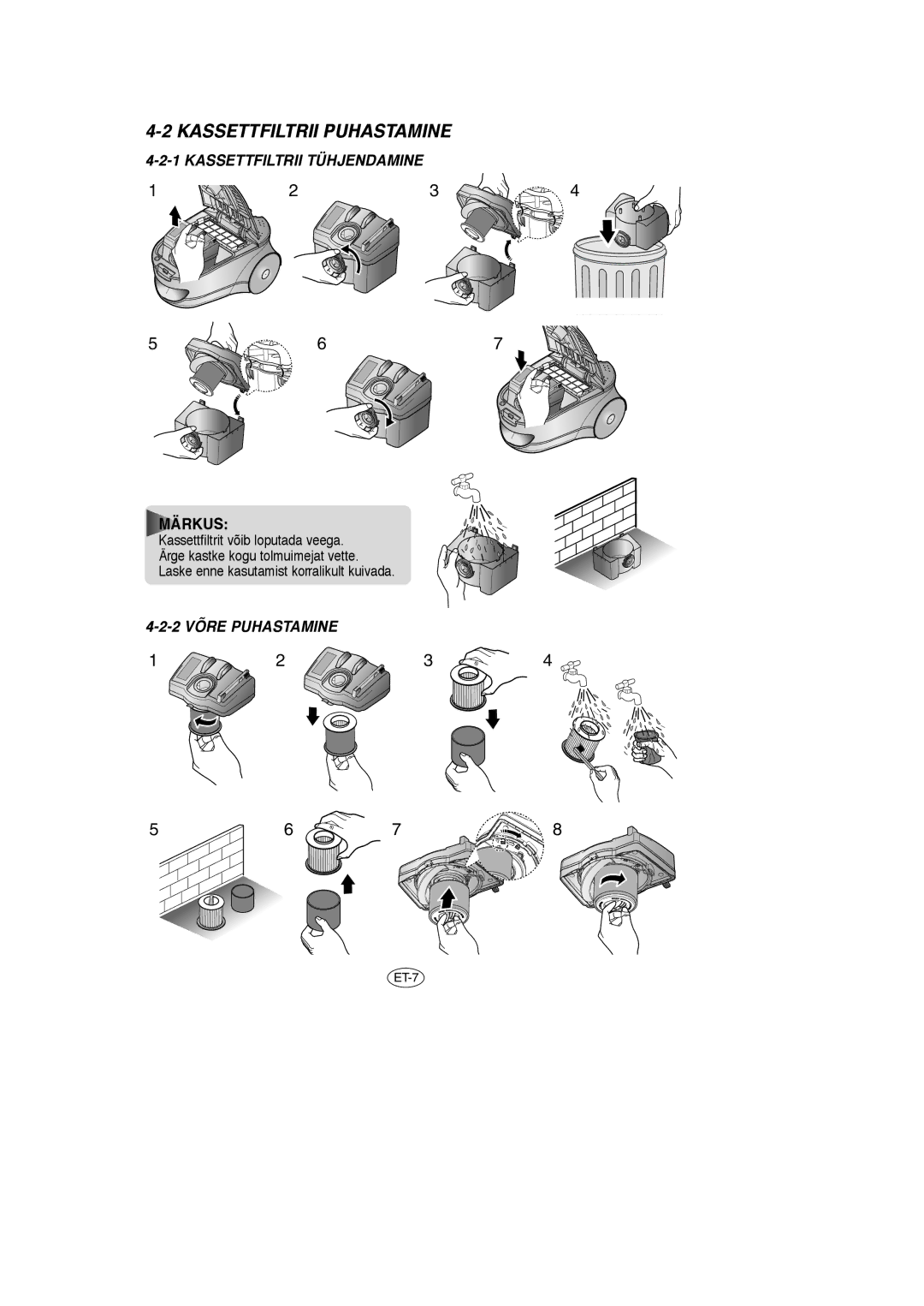 Samsung VCC7850V3B/XEV, VCC7840V3R/XEG, VCC7870V3B/XEG manual Kassettfiltrii Puhastamine, Kassettfiltrii Tühjendamine 