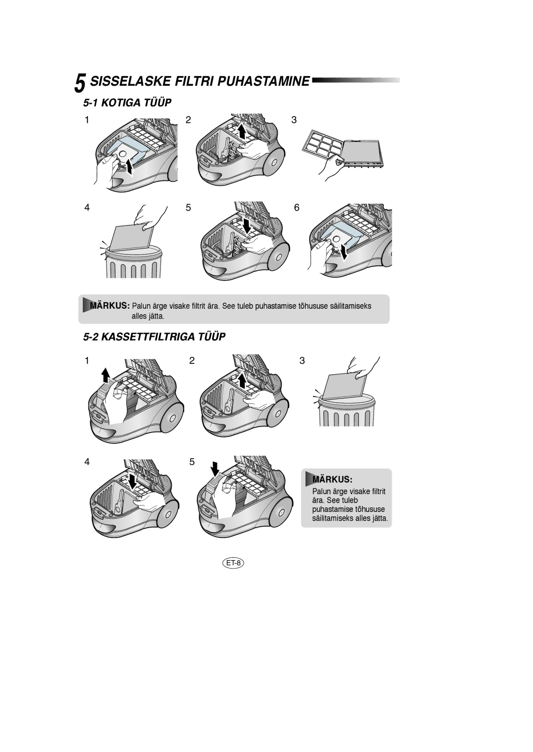 Samsung VCC7840V3N/XEV, VCC7840V3R/XEG, VCC7870V3B/XEG Sisselaske Filtri Puhastamine, Kotiga Tüüp, Kassettfiltriga Tüüp 