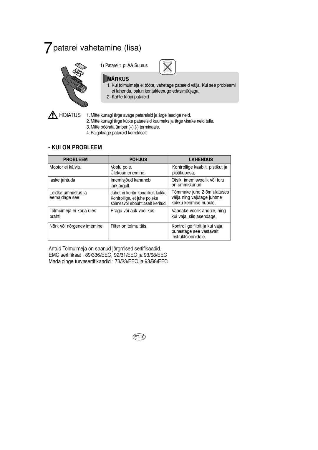 Samsung VCC7820V2G/XST, VCC7840V3R/XEG, VCC7870V3B/XEG, VCC7850V3B/XEP, VCC7870V4N/XEU, VCC7840V3R/XEF Patarei vahetamine lisa 