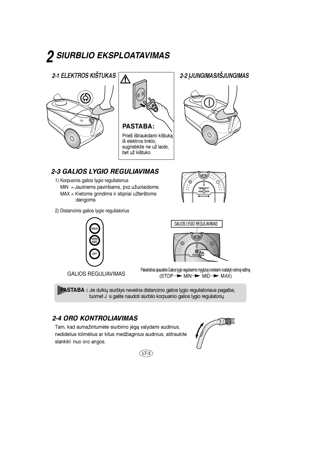 Samsung VCC7850V3N/XEH, VCC7840V3R/XEG manual Elektros Kištukas, Galios Lygio Reguliavimas, ORO Kontroliavimas, Stop MIN MID 