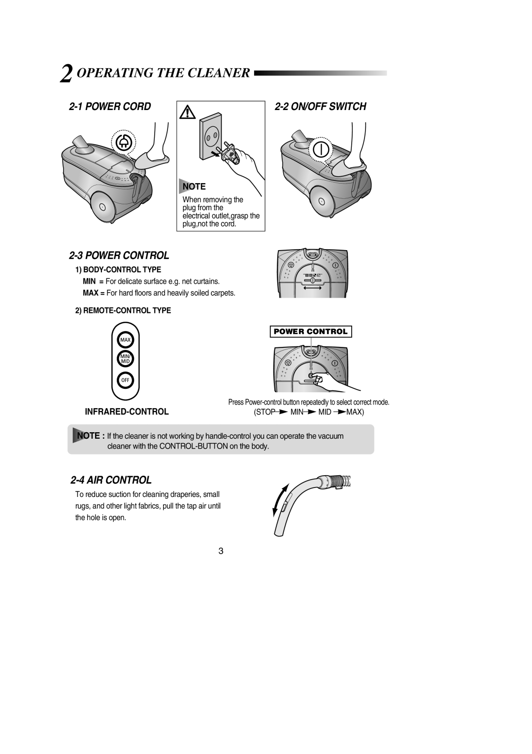 Samsung VCC7840V3B/XEC, VCC7840V3R/XEG manual 2OPERATING the Cleaner, Power Cord, Power Control, ON/OFF Switch, AIR Control 